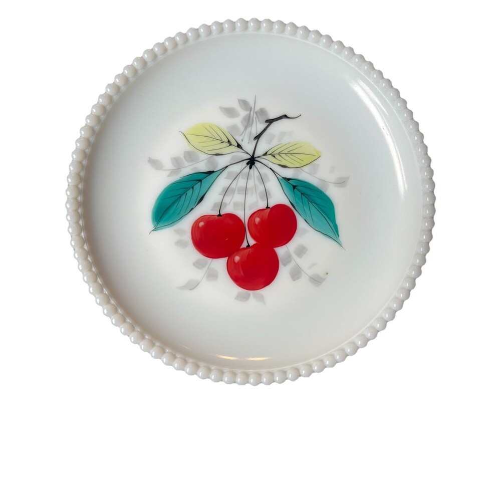 Vintage Westmoreland Milk Glass Plate Set Of 2 Beaded Edge Handpainted Cherries